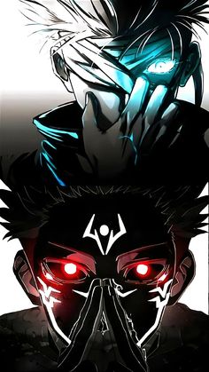 two anime characters with red eyes and black hair