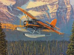 a painting of an airplane in the air with mountains in the background and trees around it