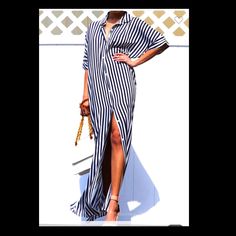 Striped Button Down Maxi Dress With Pockets Elegant Shirt Dress With Buttons For Vacation, Elegant Button Shirt Dress For Vacation, Black Shirt Dress For Spring Vacation, Chic Button-up Dress For Casual Occasions, Chic Midi Shirt Dress For Vacation, Elegant Vacation Shirt Dress With Button Closure, Chic Summer Button-up Shirt Dress, Elegant Summer Shirt Dress With Buttons, Fitted Black Shirt Dress For The Beach