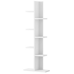 a tall white shelf with four shelves on each side