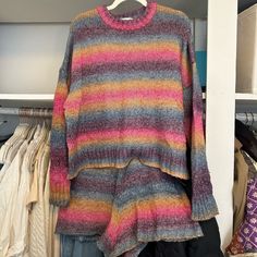 Selling As A Set. Worn A Handful Of Times **Size M In Both Top & Bottom Multicolor Crew Neck Sweater For Loungewear, Cozy Multicolor Sweater For Loungewear, Spring Multicolor Sweater For Loungewear, Something Navy, Rainbow Sweater, Navy Sweaters, Short Set, Navy Pink, Sweater And Shorts