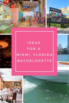 the inside of a restaurant with tables, chairs and neon signs on the walls that read ideas for a miami - florida bachelor