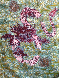 Indonesian batik fabric, hand drawn in Java. Genuine batik tulis (hand drawn batik) made from high quality and soft cotton fabric (primissima cotton). Red dragons on green background. This batik fabric may seem like a puzzle because it is specially made to be sewn into a shirt. The front side, back side, collar, sleeves and pocket have all been measured. So, it is easier to pattern match the shirt. 100% non-stretch, cotton woven, medium weight (similar to quilting cotton). This is also beautiful Batik Textiles, Red Dragons, Indonesian Batik, Wax Resist, Capture Photo, Red Dragon, Batik Fabric, Rustic Feel, Green Background