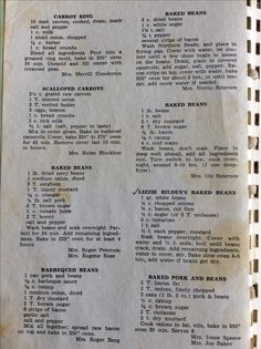 an old recipe book is open to show the ingredients and instructions for making baked beans