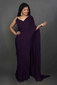 Shop Tyler Deep Purple Satin One Minute Saree at best offer at our Saree Store Brinjal Colour Saree, Dark Purple Saree Blouse Combination, Purple Plain Saree, Dark Colour Saree, Purple Saree Look, Purple Satin Saree, Persona Profile, Cocktail Party Wedding Reception, Gujarati Saree