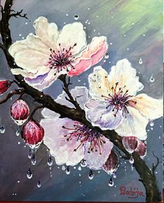 an oil painting of flowers on a tree branch with water droplets hanging from the branches