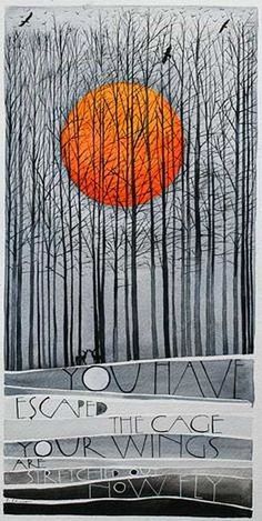 an orange circle in the middle of trees with words below it that read escape the cage your wings