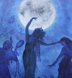 three witches dancing in front of a full moon