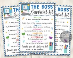 the boss's survival kit is on display in front of a white background with blue and