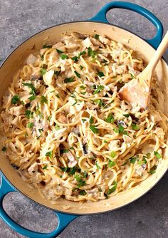 a blue skillet filled with pasta and chicken