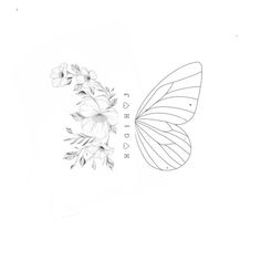 a drawing of a butterfly and flowers on a white background