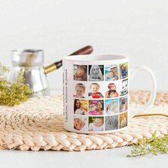 a white coffee mug with pictures of people on it sitting on a woven place mat