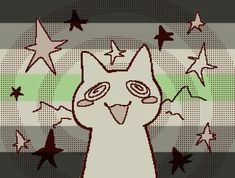 a drawing of a cat with stars on it's head and eyes in the background