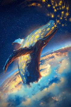 an artistic painting of a whale floating in the sky with stars coming out of its mouth