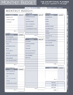 the printable budget planner is shown in blue and white, with text on it