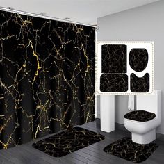 a bathroom with black and gold marble shower curtain, toilet seat cover and rugs