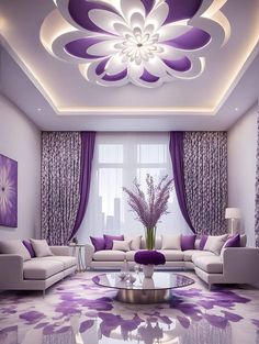 a living room with purple and white decor on the ceiling, couches and coffee table