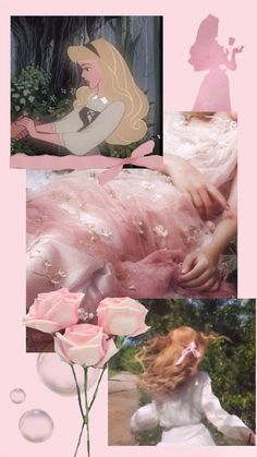 collage of princesses with pink roses and water droplets on them, including the sleeping beauty