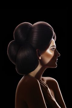 a woman's profile with her hair in a high bun, wearing a brown dress