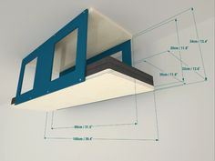 an overhead view of a blue and white shelf with measurements for the space between it