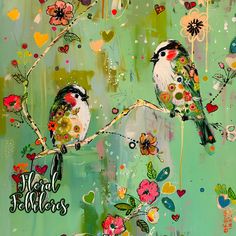 two birds sitting on a branch with flowers and hearts