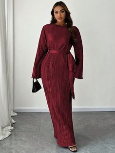 Plus Size Elegant Solid Color Pleated Flare Sleeve Extra Long Dress Burgundy Maxi Women Outfit Burgundy Elegant  Long Sleeve Woven Fabric Plain Fitted Medium Stretch  Women Plus Clothing, size features are:Bust: ,Length: ,Sleeve Length: Elegant Black Dress, Grey Colour Suit, Lantern Sleeve Dress, Princess Style, Womens Tights, Women Maxi, Flared Sleeves, Denim Vest, Plus Clothing