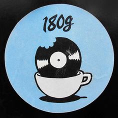 a sticker with an image of a coffee cup on it's side and the words 108g written in black