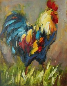 a painting of a rooster standing in the grass