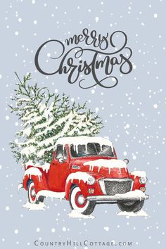 an old red truck with a christmas tree on the back is parked in front of a snowy