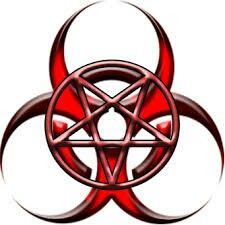 a red biohazard symbol on a white background