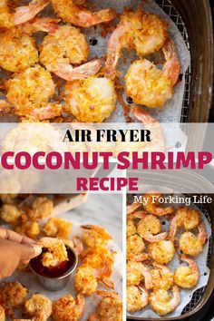 air fryer coconut shrimp recipe in the process of being cooked and served with dipping sauce