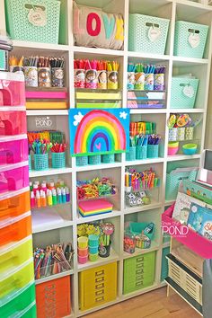 the kids's playroom is filled with lots of toys and crafting supplies