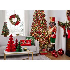 a living room decorated for christmas with decorations and trees in the corner, including a nutcracker