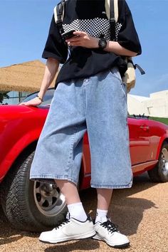 Loose Wide Leg Hip Hop Denim Shorts Pants – Tomscloth Long Jorts Outfits Men, Long Jorts Outfits, Stylish Shorts, Skater Fit, Denim Jorts, Baby Tees Y2k, Y2k Baby Tee, Y2k Clothing, Short En Jean