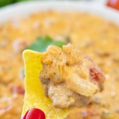 a hand holding a tortilla chip with cheese and salsa in the background,