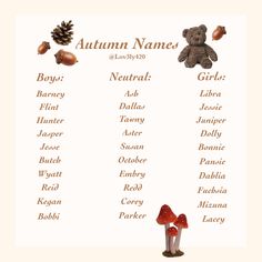 an autumn name list with mushrooms, acorns and a teddy bear