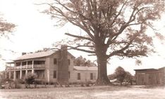 an old house with a large tree in the front yard