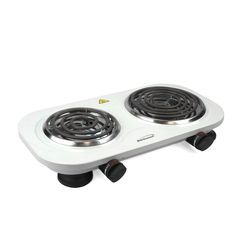 two burners on top of each other in the middle of a white surface with black wheels