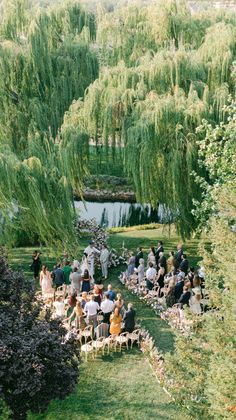 a group of people sitting on top of a lush green field next to a lake