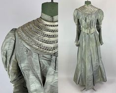 "Be the jewel set in this silver finery of the 1800's! Silvery grey silk taffeta makes up both pieces and has that satisfying swish. The bodice features juliette sleeves with pleated accents, dovetail back, pleated front overlapping the hook and eye closure, and fagotted yoke that fastens over the shoulder. The skirt has a full sweep and light pleating at the waist with hook and eye closure. Both pieces are lined with cotton. This set is in great vintage condition, with some subtle faint marks b Silk Victorian Wedding Dress, Antique Victorian Dress For Formal Occasions, Pewter Dress, Gown Skirt, 1880s Fashion, Gibson Girl, History Fashion, Taffeta Dress, Gray Silk