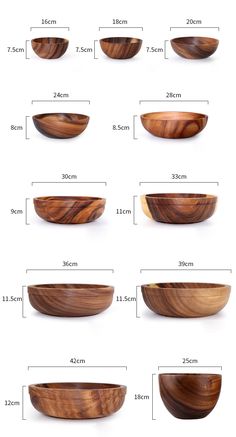 wooden bowls are shown with measurements for each bowl and the size to choose from them