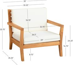 a wooden chair with white cushions and measurements for the seat height, from top to bottom