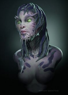 an alien creature with green eyes and purple skin