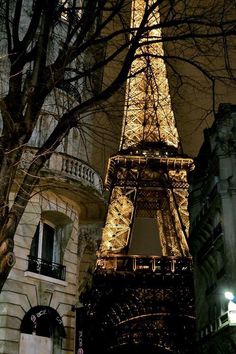 the eiffel tower is lit up at night