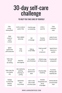 This 30-day daily challenge for self-care has been proven to be life-changing! These 30-day self-care challenge ideas are the best! Start your 30 days of self-care now & learn how to better yourself & how to improve yourself with the help of daily challenges to build daily self-care habits. Focus on personal development & try this self-care monthly challenge, also known as better me challenge. | daily challenges to better yourself | self-care tips | 30-day challenge | wellness challenge Daily Self Care Schedule, 31 Days Of Self Care, Self Care Monthly Challenge, How To Have A Self Care Day, Daily Challenges To Better Yourself, Self Care Month, Better Me Challenge, 30 Day Self Care Challenge, How To Improve Yourself