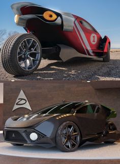 two different views of an electric car on display