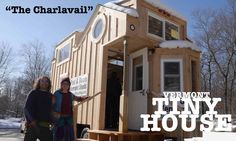 two people standing in front of a tiny house with the words, the charavai