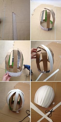 four pictures showing how to make a paper ball with strips of tape around it and cut out the sides