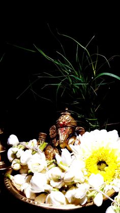 there is a small frog sitting in the middle of some white flowers and daisies