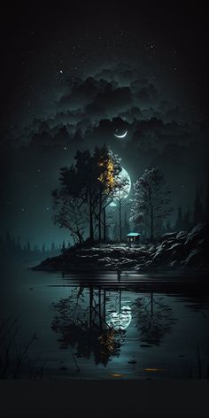 a night scene with the moon and trees reflected in water